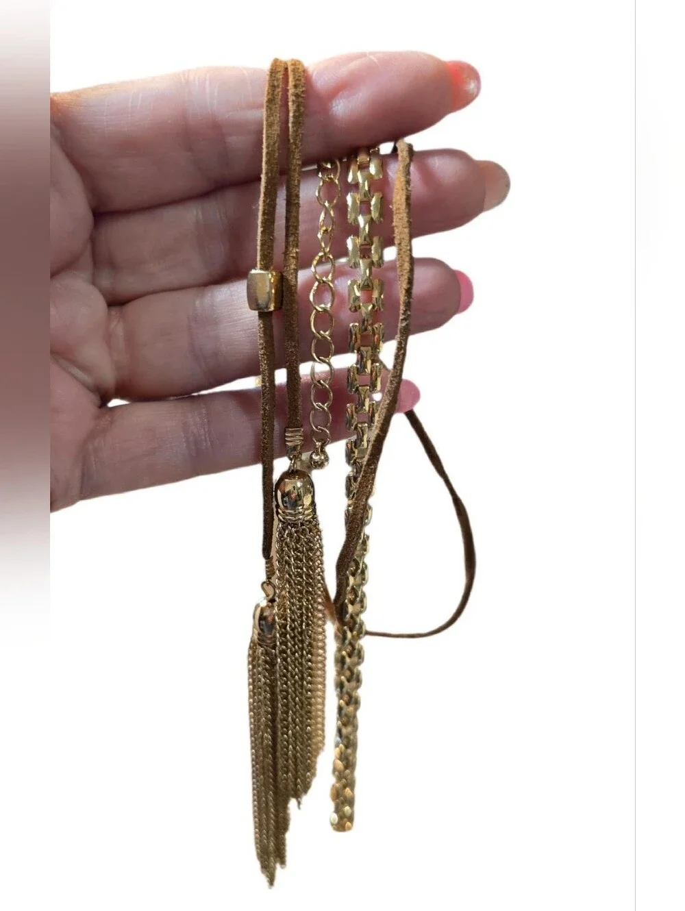 Layered Brown Suede and Gold Tassel Choker Lariat Necklace